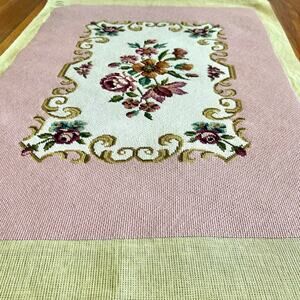 Vintage Pink Floral Needlepoint with Roses and Scroll Design Unframed